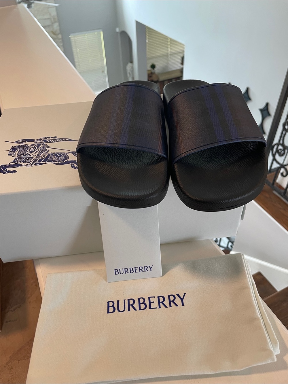 Burberry Midnight Navy Check Slide Sandals (unisex) - Picture 2 of 11
